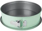 Mint green springform cake tin with a non-stick coating and a metal clasp.