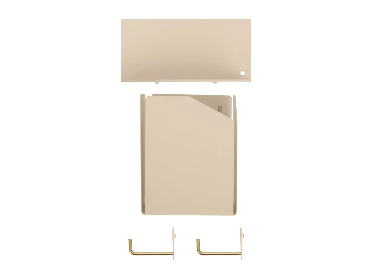 Beige wall-mounted storage box with lid and two gold-colored hooks.