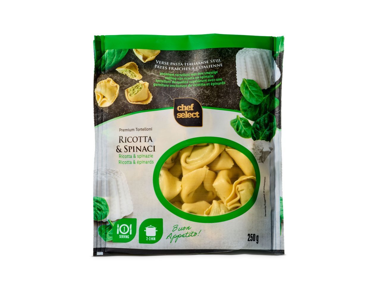 Chef Select ricotta en spinazie tortelloni: verse Italiaanse pasta.
