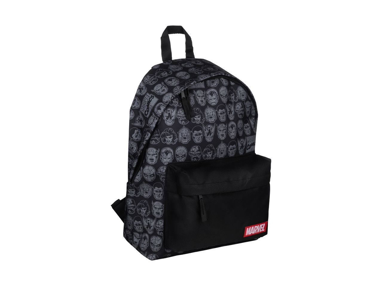 Black backpack with a grey comic book character pattern and a red logo on the front pocket.