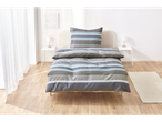 Striped bedding in blue and grey tones.