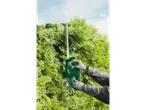 A person uses a Parkside electric hedge trimmer to trim a green hedge.