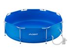 Blue above-ground swimming pool with a white frame and filter pump.