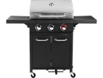 Grillmeister gas grill with three burners and side tables.