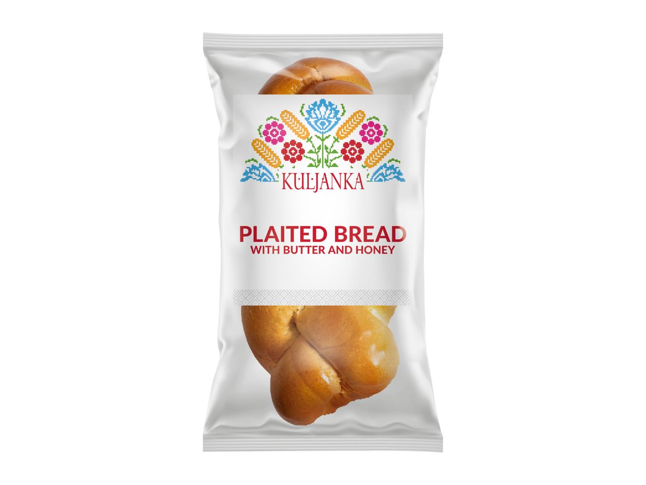 Plaited bread with butter and honey in a clear package with a folk-art inspired label.