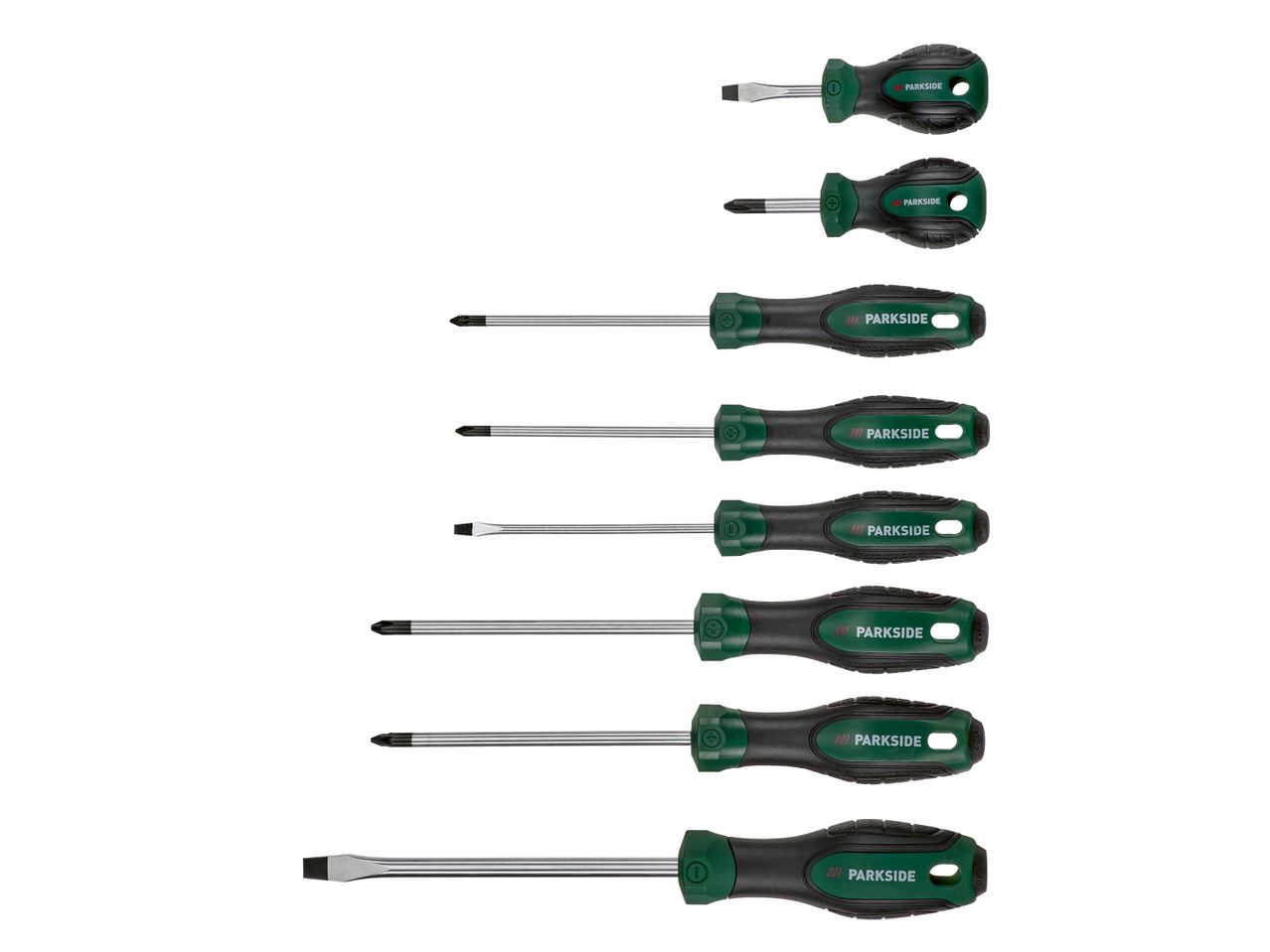 Set di cacciaviti Parkside, otto pezzi, con impugnature ergonomiche.