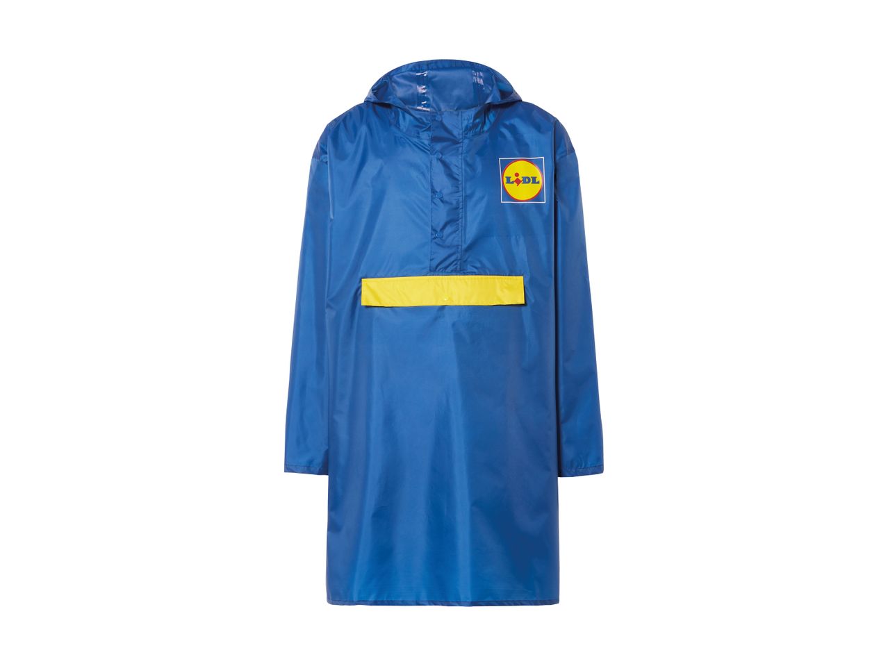 Blå regnjakke med Lidl-logo og gul stribe.