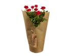 Red roses in brown burlap wrapping.