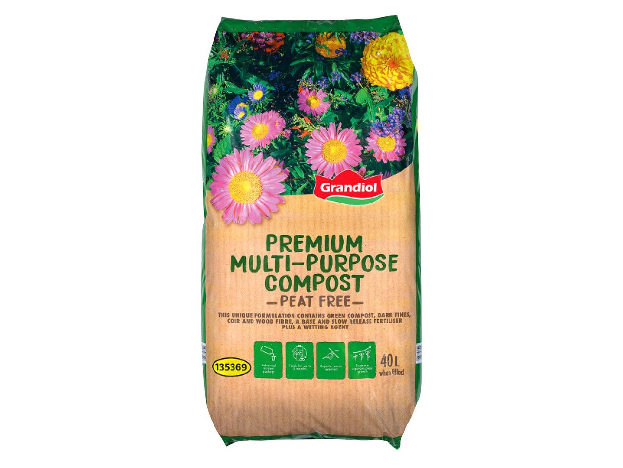Bag of premium multi-purpose peat-free compost with flowers on the packaging