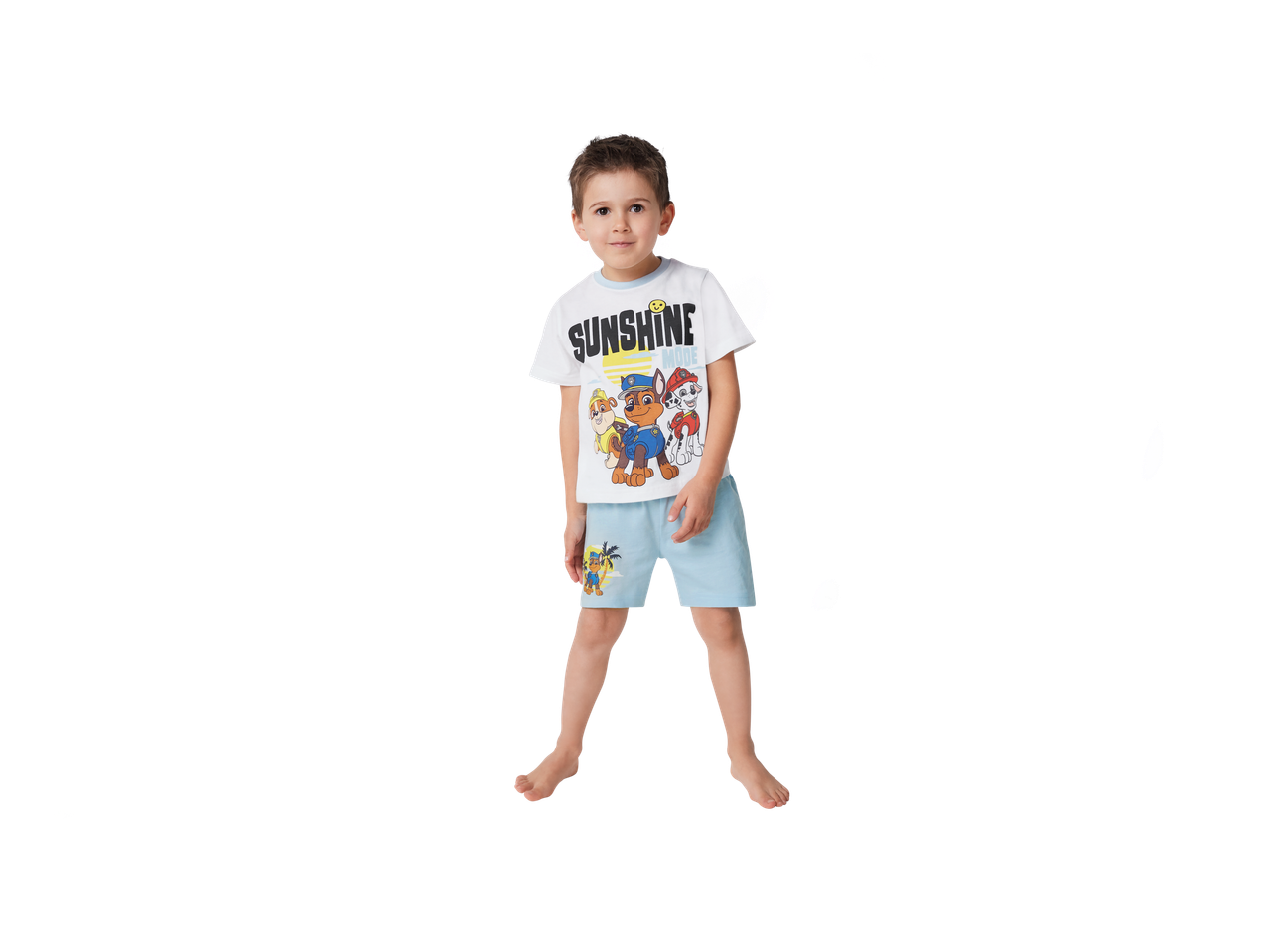 Dječak u pidžami Paw Patrol: majica i kratke hlače.