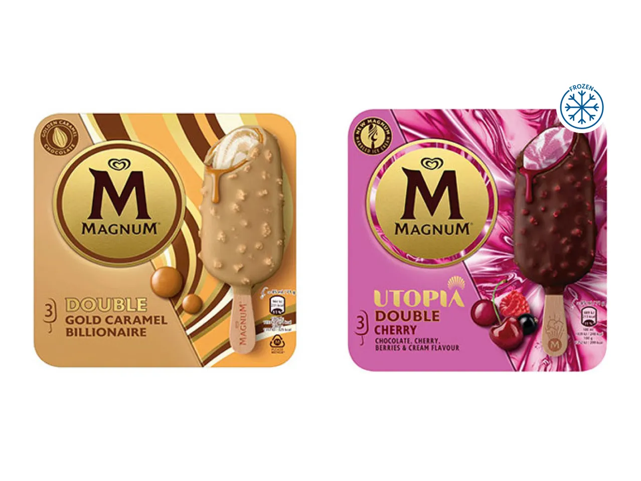 Two ice cream multipacks: one gold caramel, one chocolate cherry and berry.