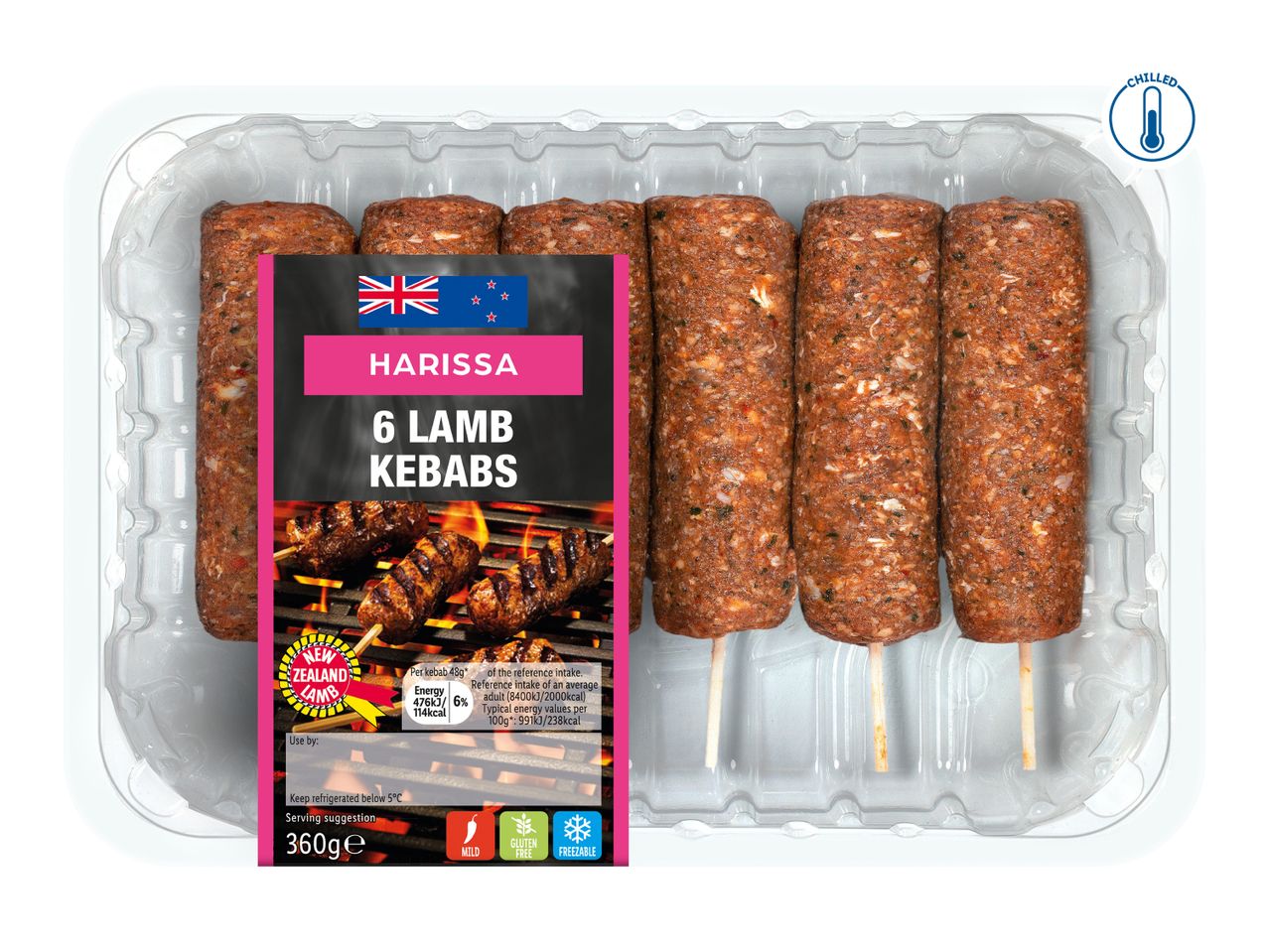 Six Harissa lamb kebabs in a clear plastic tray, with a label showing grilled kebabs and nutritional information.
