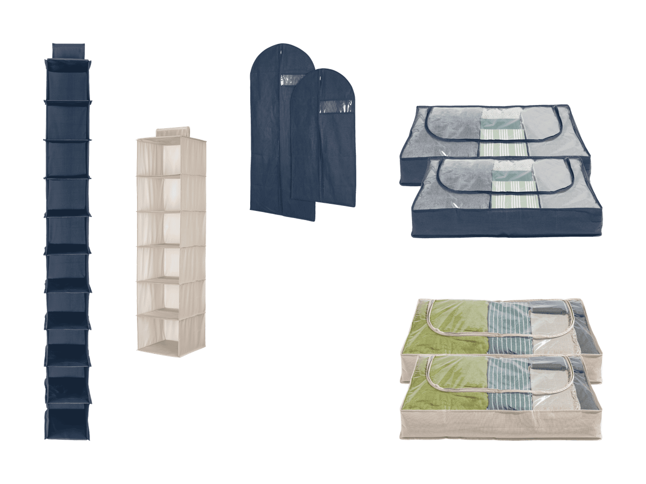 Organisateurs de placard et sacs de rangement pour vêtements bleus et beiges.