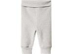 Light grey ribbed baby trousers with a wide, foldable waistband and cuffed ankles.