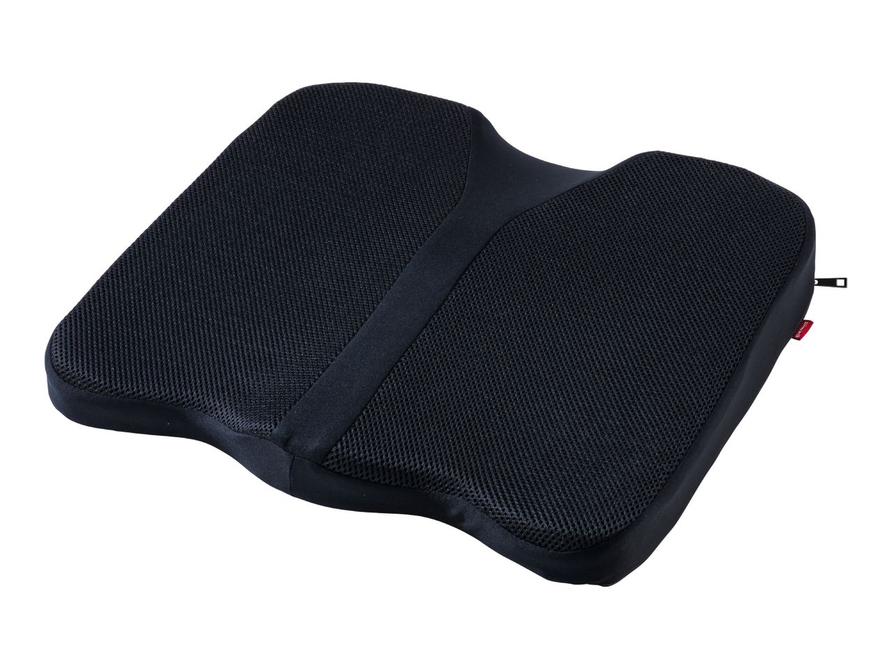 Black ergonomic seat cushion with mesh fabric and a zipper