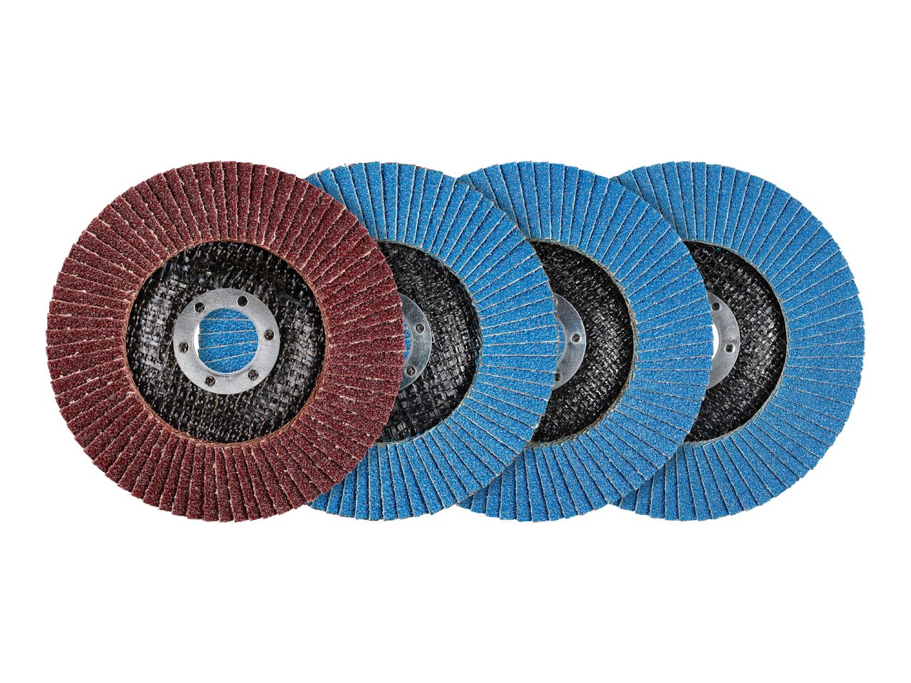 Four flap discs for grinding, one red and three blue, arranged in a row.