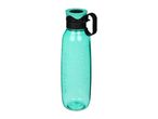 Light green reusable plastic water bottle with a black handle and lid