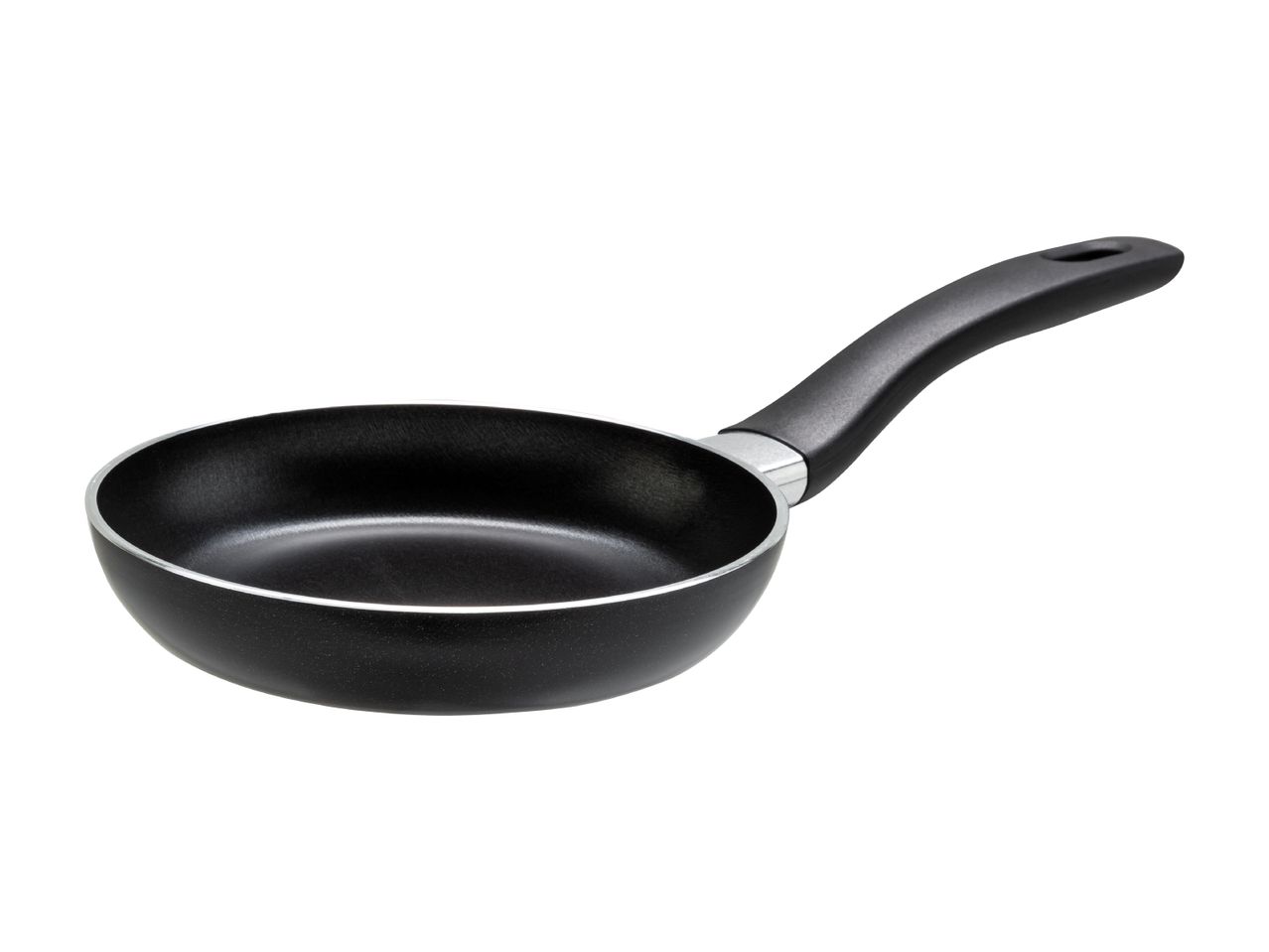 Black frying pan with a handle on a white background.