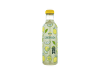 Garrafa de limonada com rótulo de limões e folhas, tampa amarela e selo de 100% plástico reciclado.