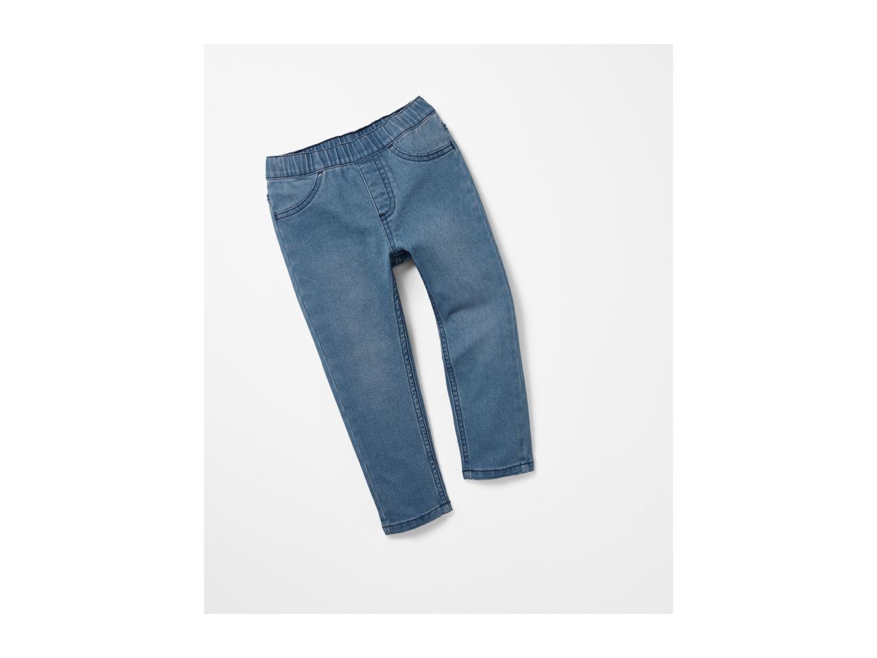 A pair of light blue denim jeans with an elastic waistband, laid flat on a white background.