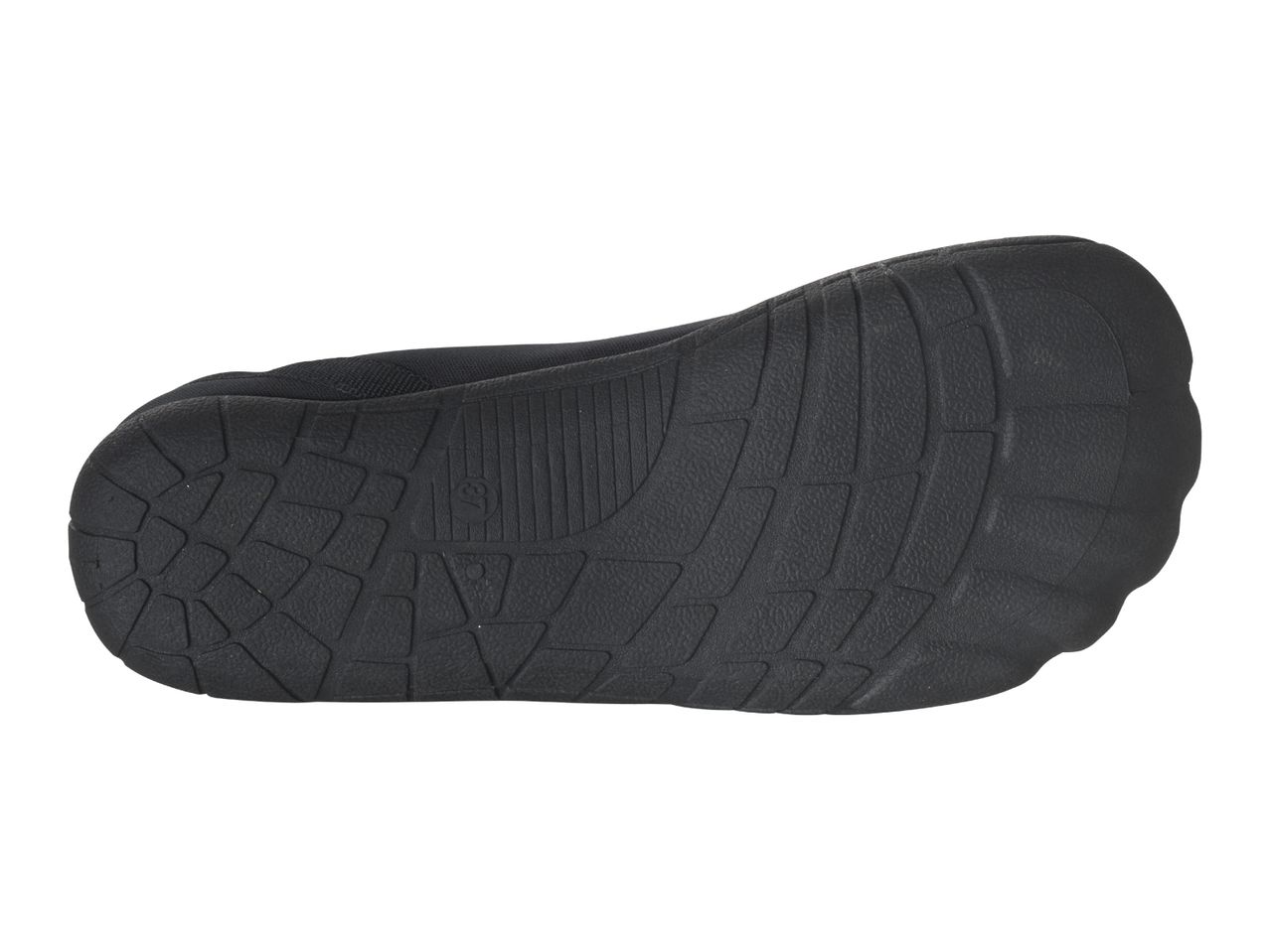 Bottom view of a black water shoe with a textured sole and the number 37 visible.