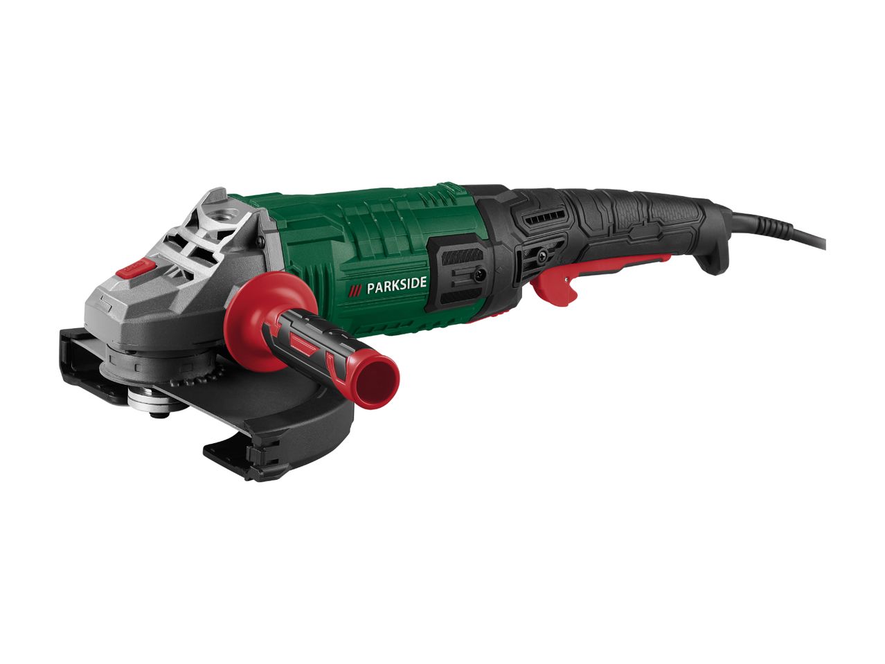 Angle grinder with a green and black body, red accents, and a side handle.