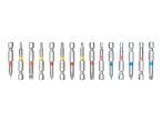 A set of sixteen various screwdriver bits are neatly arranged against a white background.