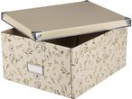 Beige storage box with floral pattern and lid.