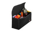 Black felt car organizer with various items like gloves, a spray can, and a yellow ice scraper.