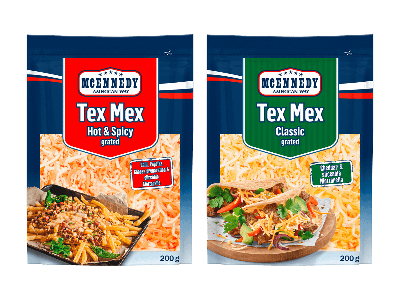 Deux paquets de fromage Tex Mex râpé : un épicé et un classique.