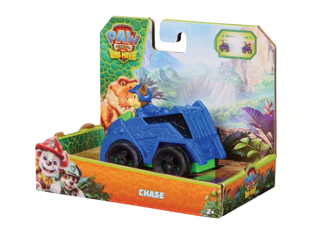 Paw Patrol Dino Movie Chase toy car in packaging with jungle and dinosaur theme.