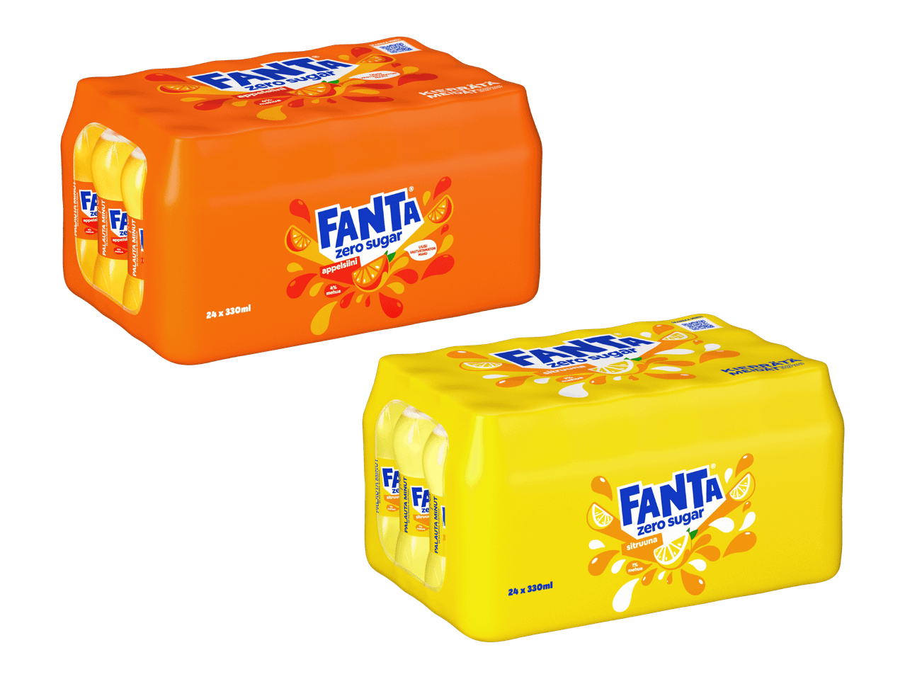 Kaksi Fanta Zero Sugar -monipakkausta, toinen appelsiininmakuinen ja toinen sitruunanmakuinen.