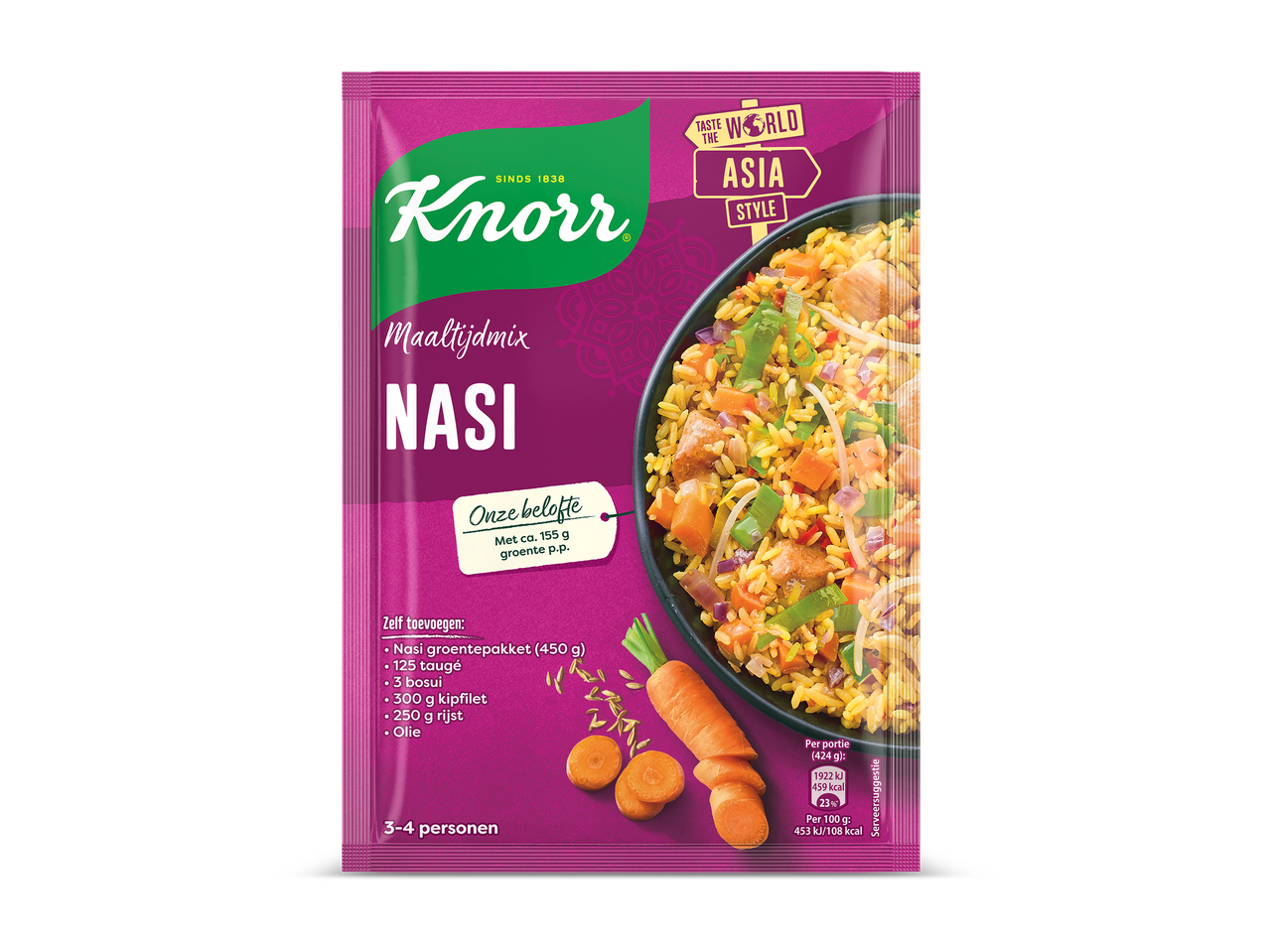 Maaltijdmix voor nasi met een belofte van 155g groente per portie, inclusief bereidingssuggesties en voedingswaarden.