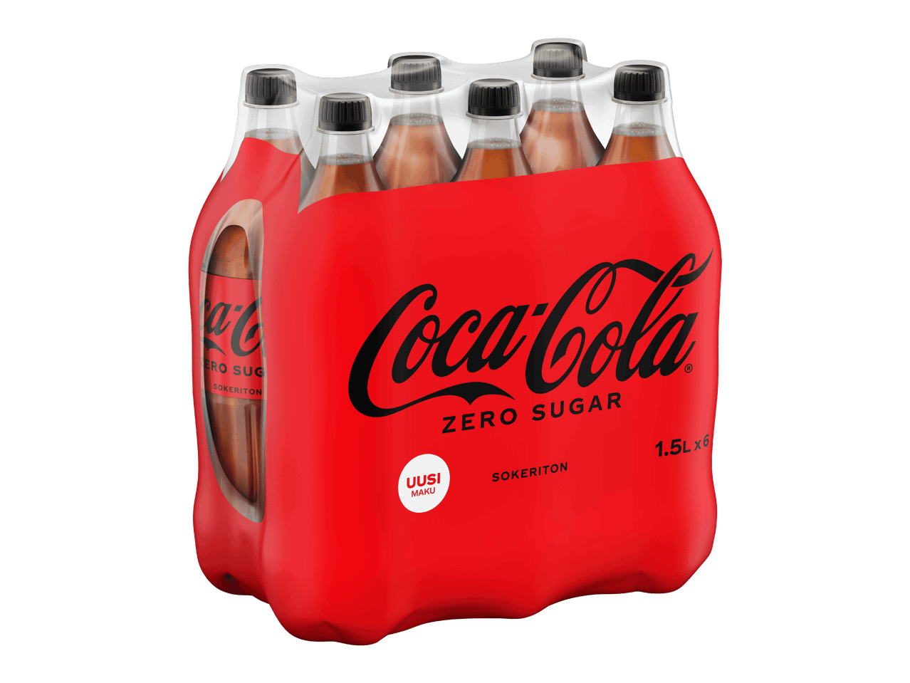 Kuuden pullon pakkaus sokeritonta virvoitusjuomaa, punaisessa muovikääreessä, jossa teksti 'ZERO SUGAR' ja 'UUSI MAKU'.