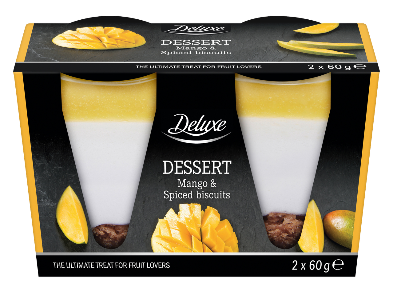Десерт Deluxe Манго и подправени бисквити в чаши, 2 x 60г, с резени манго и бисквити.