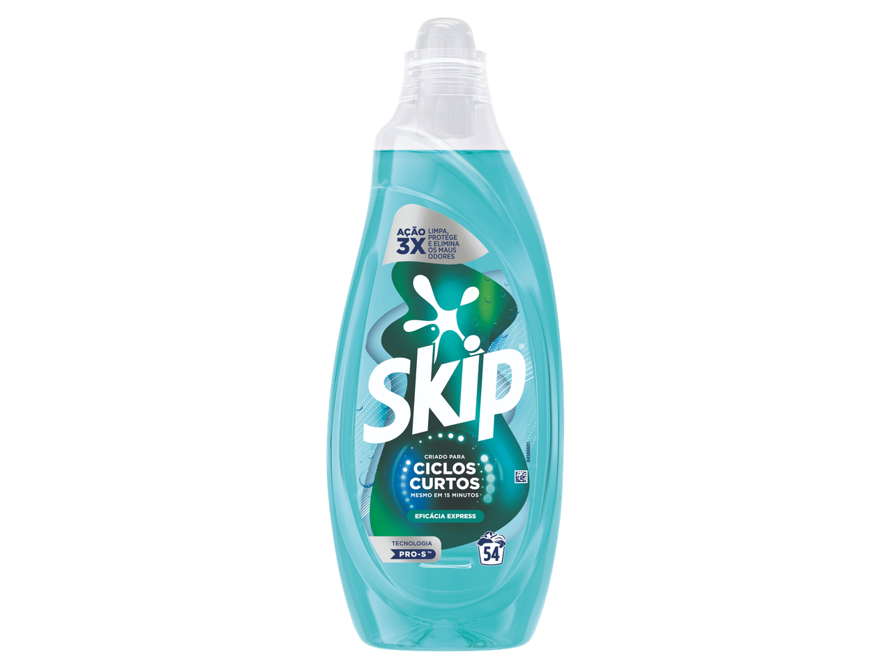 Detergente líquido para roupa em garrafa azul, com a indicação de 3x ação de limpeza e eficácia expressa.