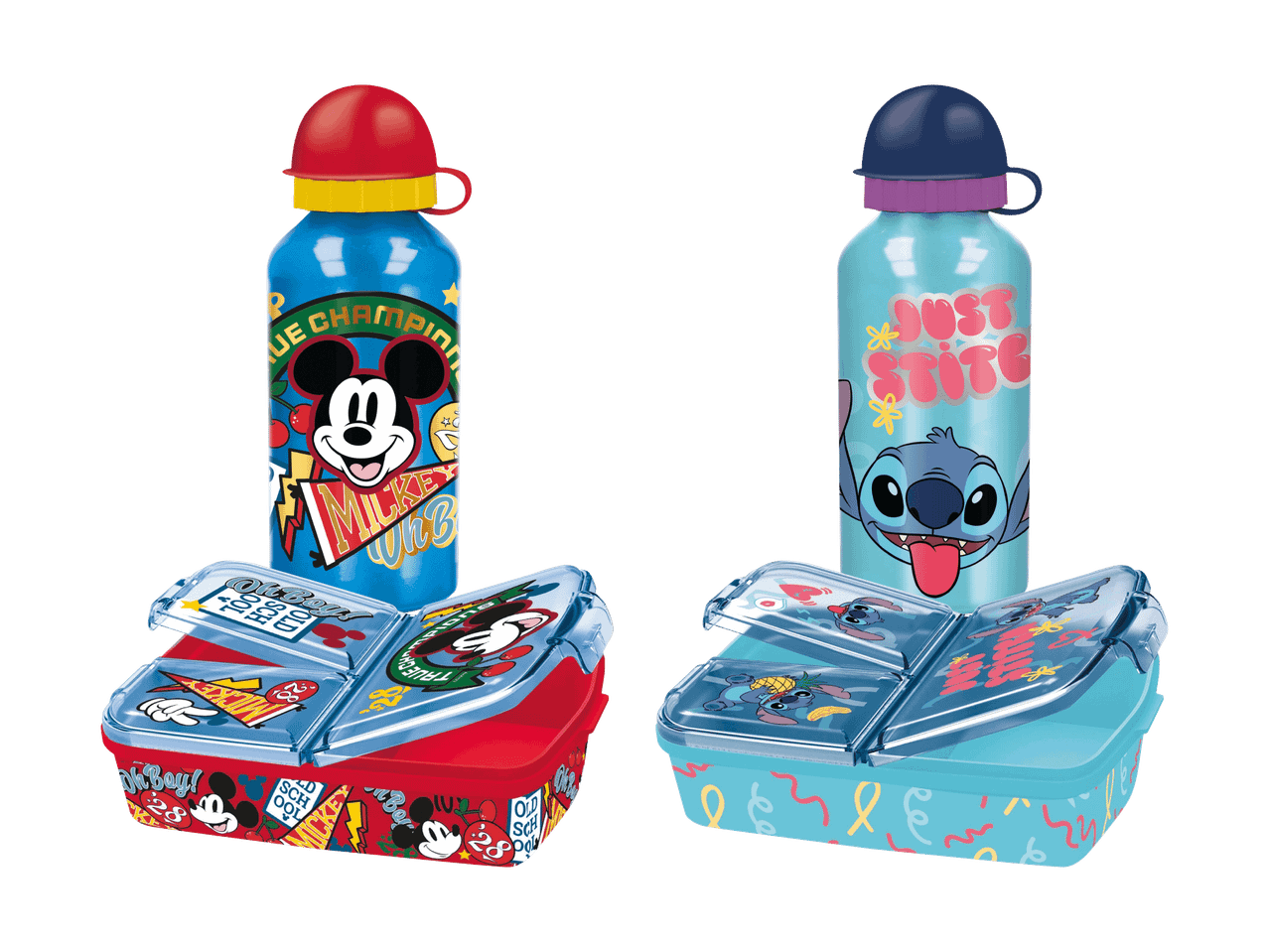 Deux gourdes et deux boîtes à lunch avec des motifs de Mickey Mouse et Stitch.