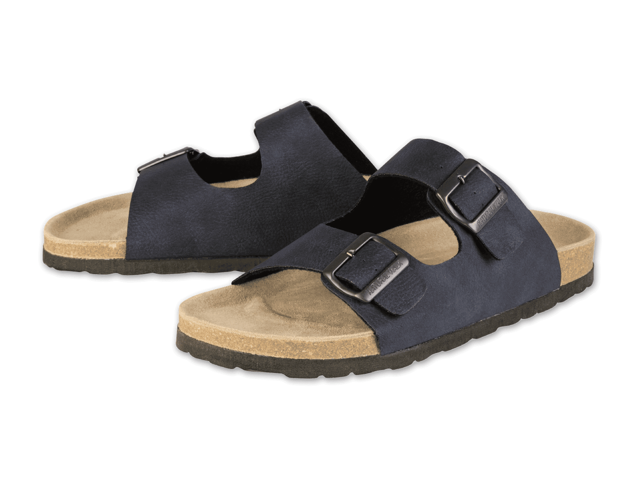 Dunkelblaue, zweifarbige Birkenstock-ähnliche Sandalen mit Schnallen.
