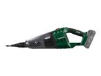Cordless handheld vacuum cleaner with a transparent dust container and a gray battery pack.