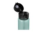 Close-up of a light green water bottle with an open black flip-top lid.