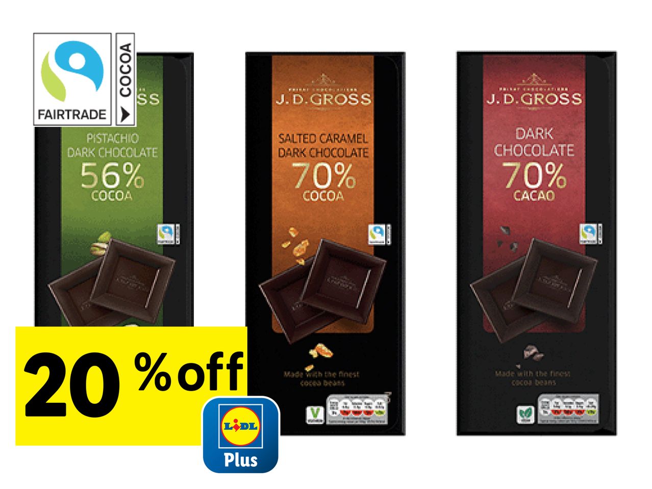 Three J.D. Gross chocolate bars (Pistachio, Salted Caramel, Dark) with a 20% off offer.