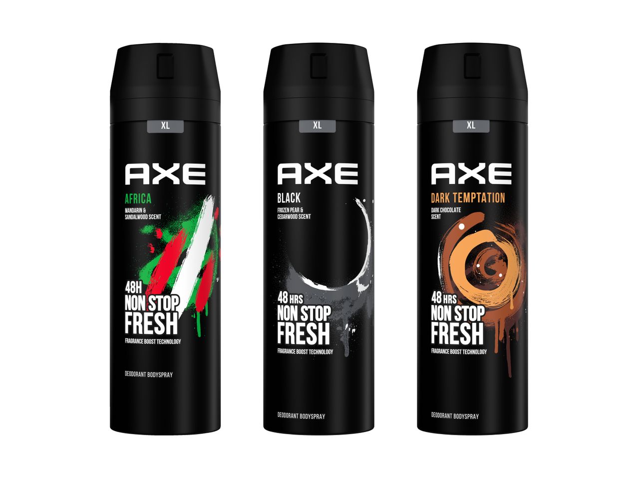 Drei Axe Rip Stop Fresh Körper-Sprays mit verschiedenen Düften.