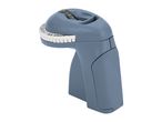 A blue Dymo label maker sits on a white background.