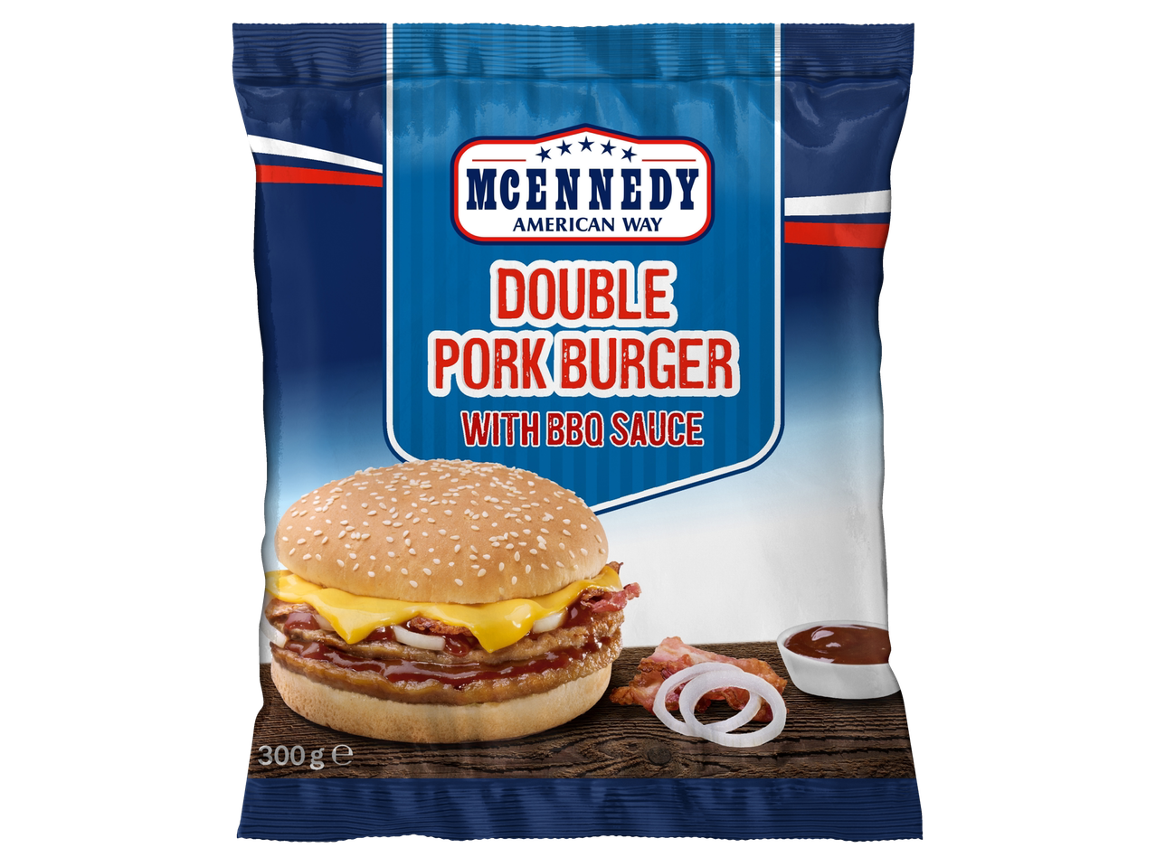 McKennedy dubbele varkensburger met BBQ-saus.