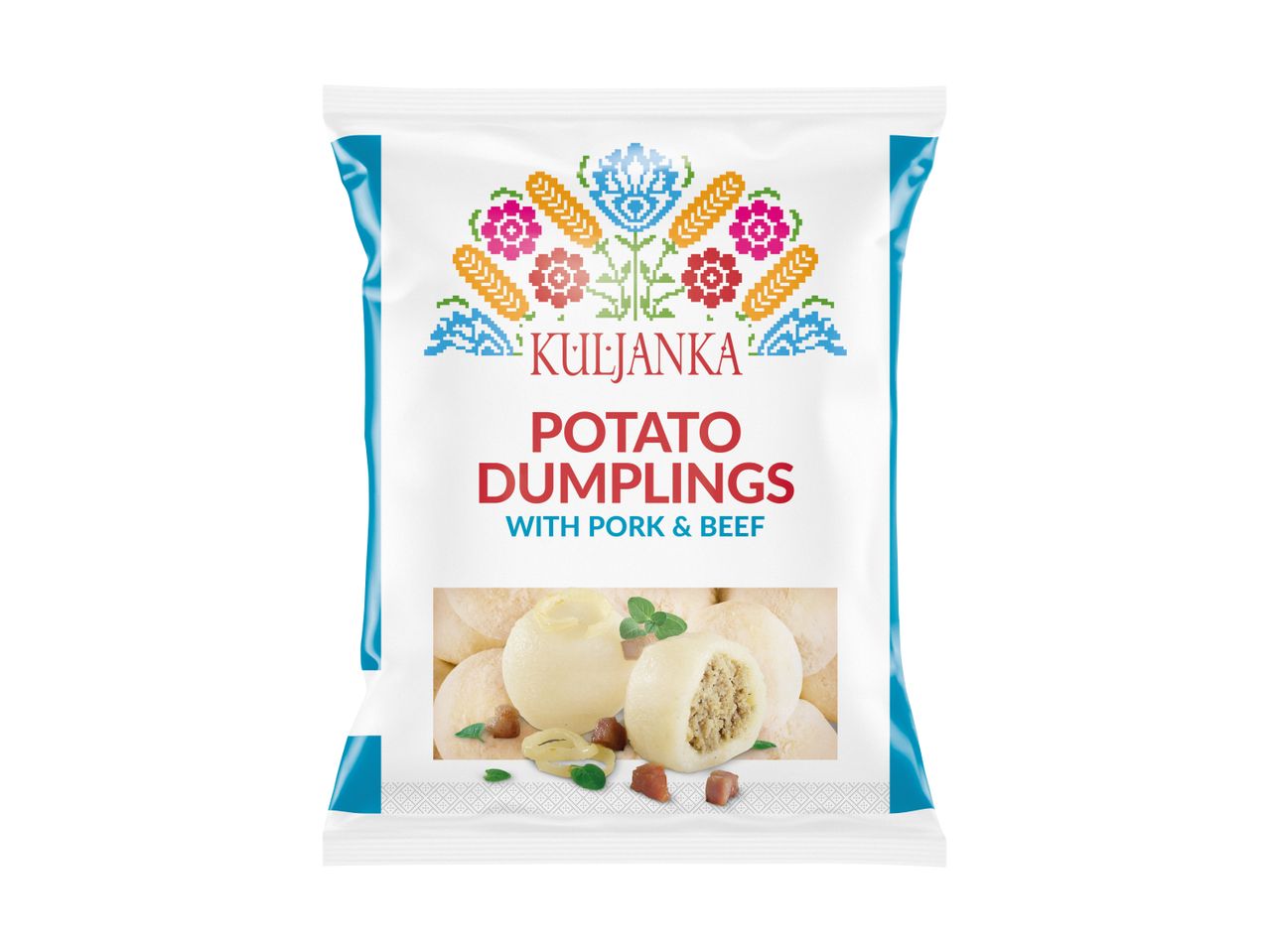 Packaging for potato dumplings with pork and beef, featuring a folk-art design.