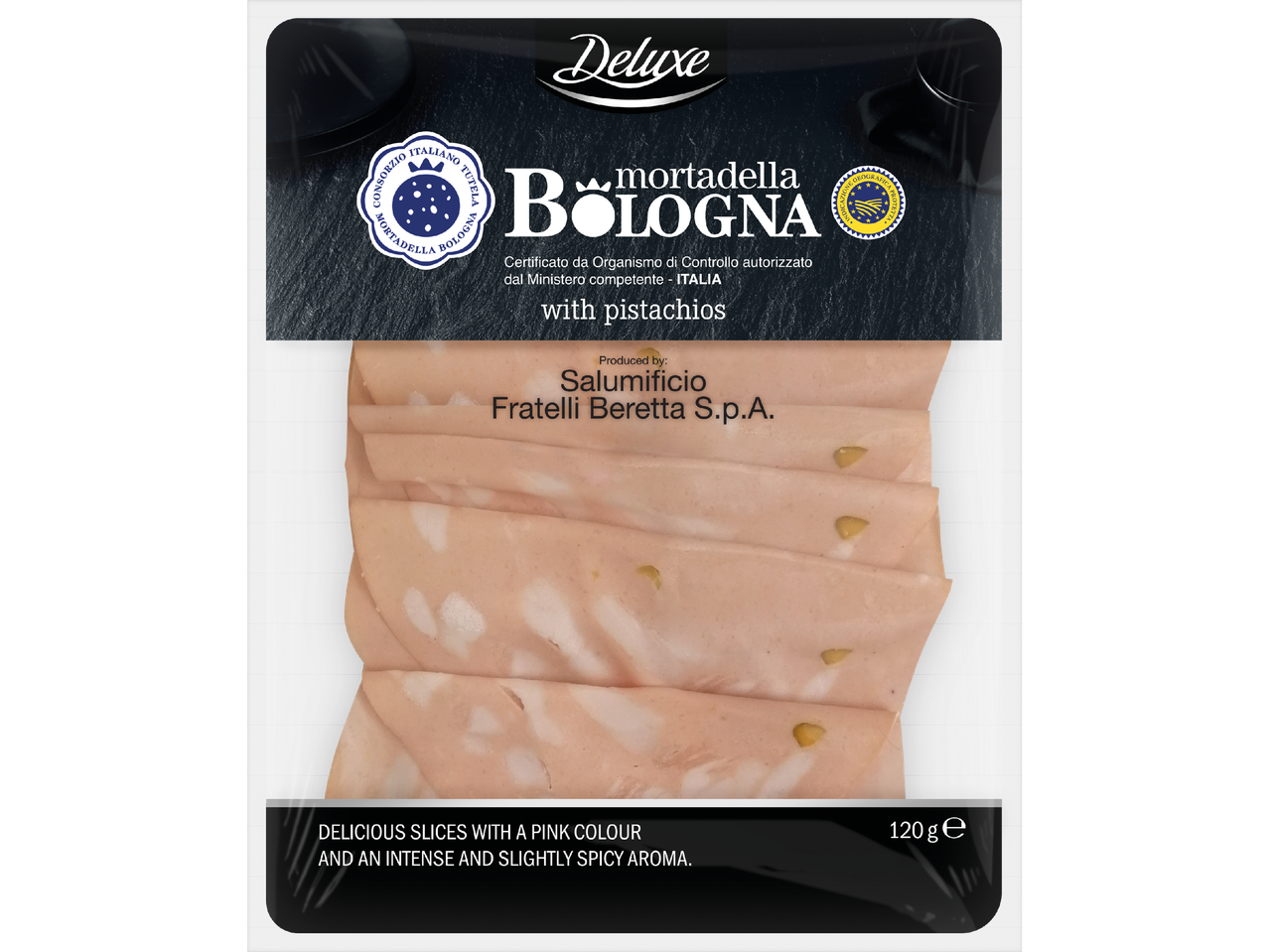 Förpackning med skivad mortadella med pistagenötter, 120 g.