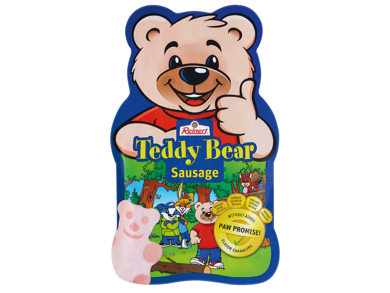 Опаковка на колбас с форма на мече, с надпис 'Teddy Bear Sausage' и обещание 'Paw Promise!'