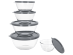 Комплект от стъклени купи за смесване с капаци в различни размери.