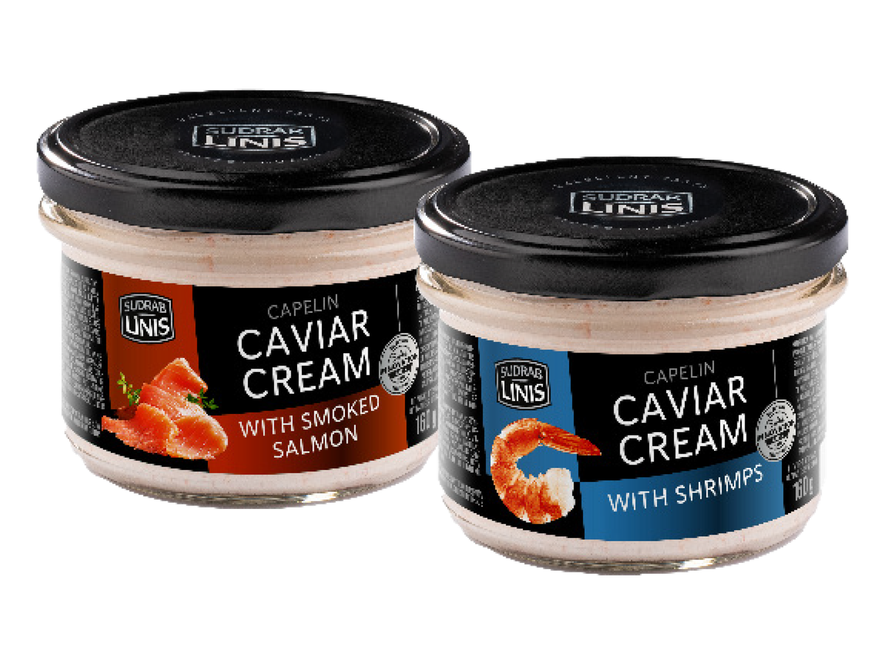 Kaks purki SUDRAK LINIS kapelini kalamarjakreemi suitsulõhe ja krevettidega.