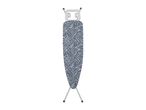 An ironing board with a blue and white swirly pattern on a white background.